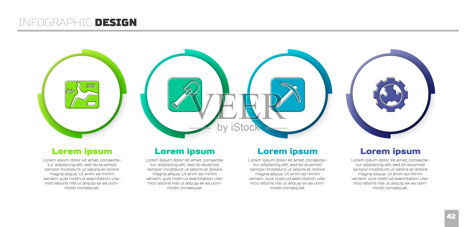 设置地形图，铲子，鹤嘴锄和齿轮和土。业务信息图表模板。向量插画图片素材