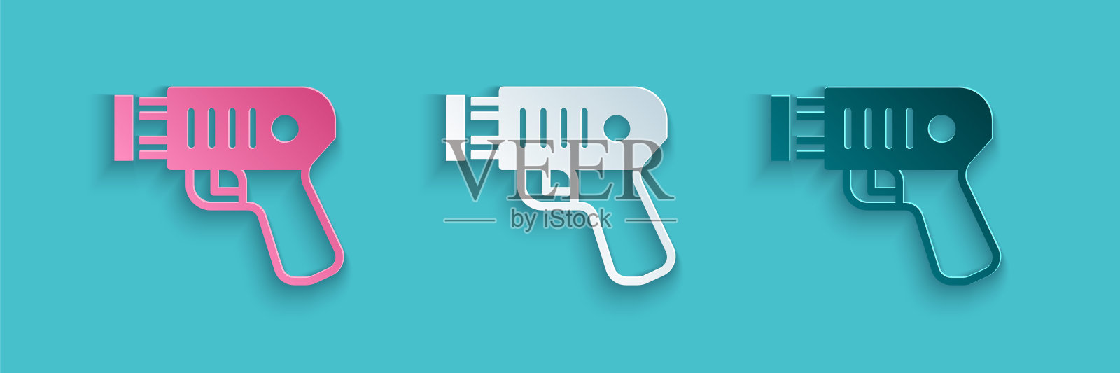 剪纸警察电击图标隔离在蓝色背景。避震器保护。泰瑟枪是一种电动武器。纸艺风格。向量插画图片素材