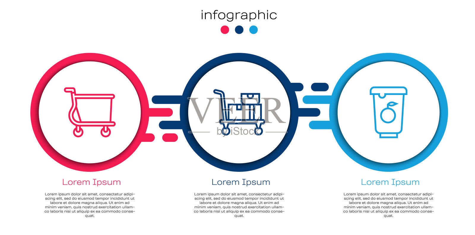 集购物车、手推车、纸箱、酸奶容器。业务信息图表模板。向量插画图片素材