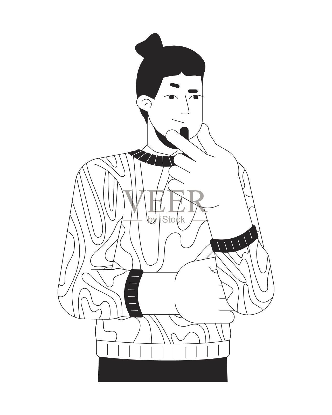 沉思的男人手指在下巴黑色和白色的2D线卡通人物插画图片素材