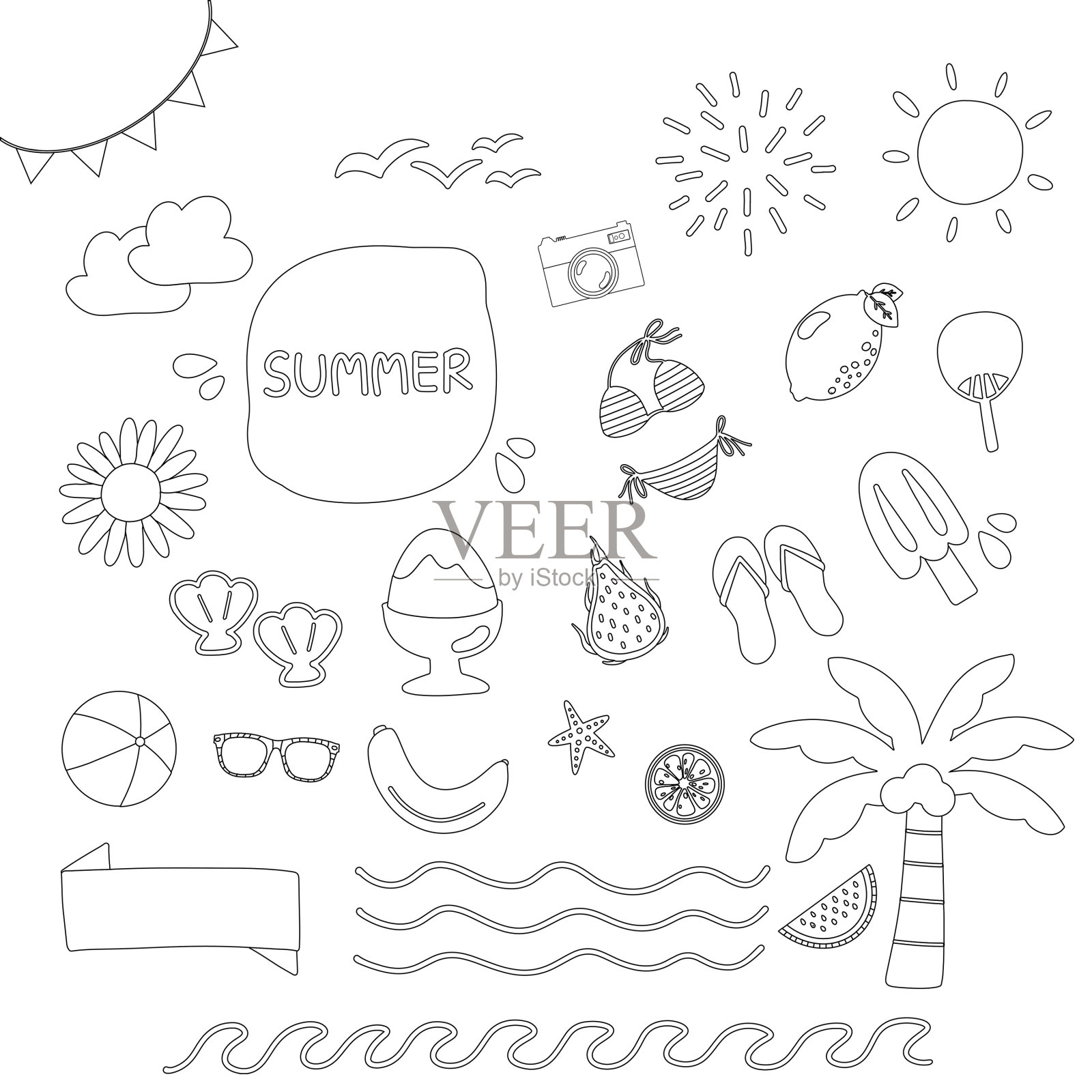 手绘插图一套单色线的暑假贴纸包设计元素。可爱的元素涂鸦收集在平面风格。海报，卡片，剪贴簿，邀请，图形插画图片素材