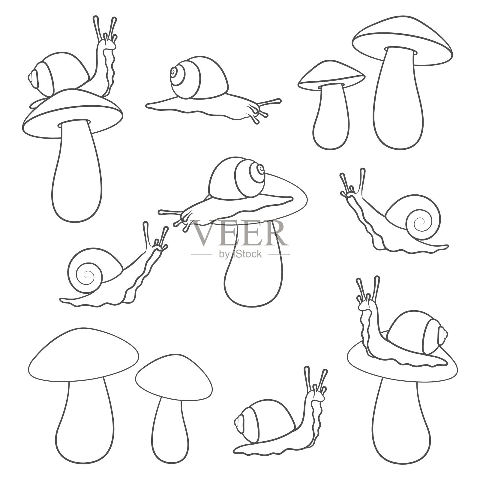 一套黑白插图蜗牛和蘑菇。孤立的矢量对象。插画图片素材