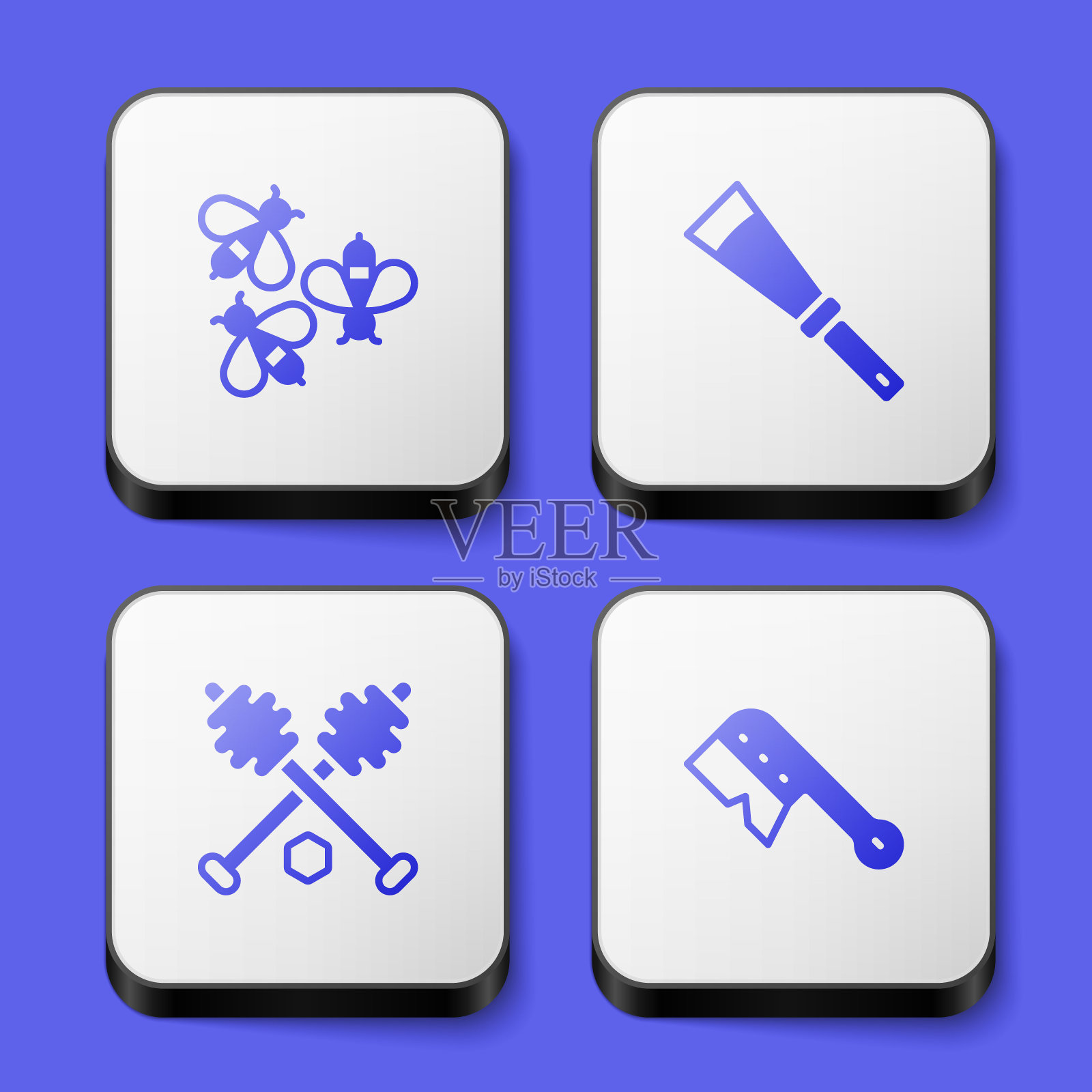 设置蜜蜂，养蜂刀，蜂蜜勺棒和刷图标。白色方形按钮。向量插画图片素材