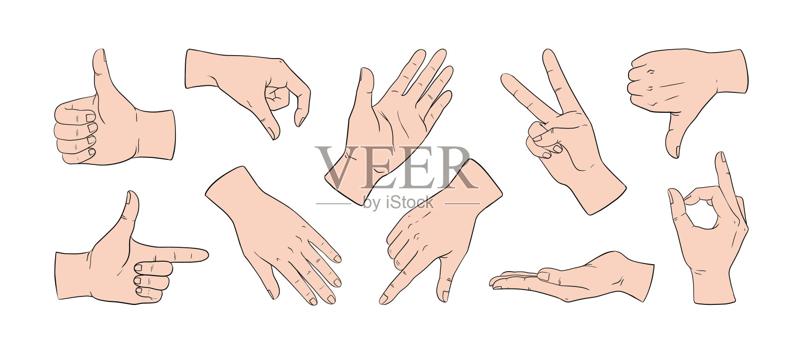 的手势。人的手指位置。按或点。两个拇指在做手势。手臂线条草图。触摸或信号。好的，胜利。手势图标。矢量卡通信息标志设置插画图片素材