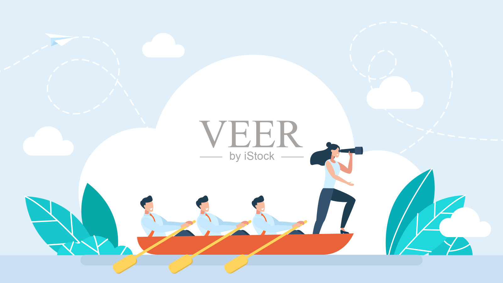 自信的女商人，船长，用望远镜观察未来。业务团队在船上。自信的领导女性指明方向。女老板用舵掌舵。矢量图插画图片素材