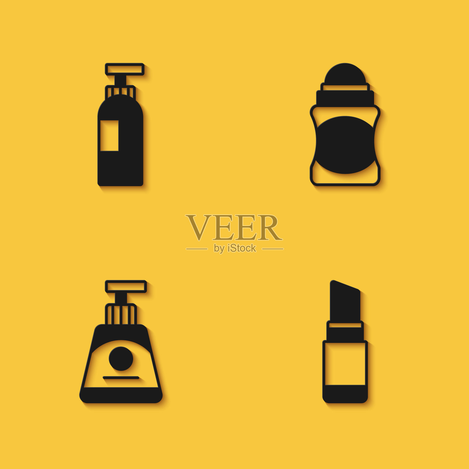 套装瓶洗发水，口红，面霜或乳液化妆品管和除臭剂卷图标长阴影。向量插画图片素材