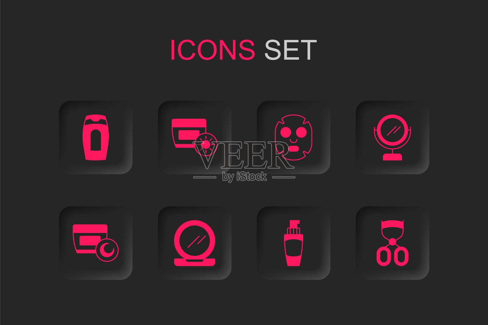 设置化妆粉与镜子，防晒霜在管，瓶洗发水，管手，圆彩妆，睫毛夹，面部美容面膜和乳霜乳液图标。向量插画图片素材