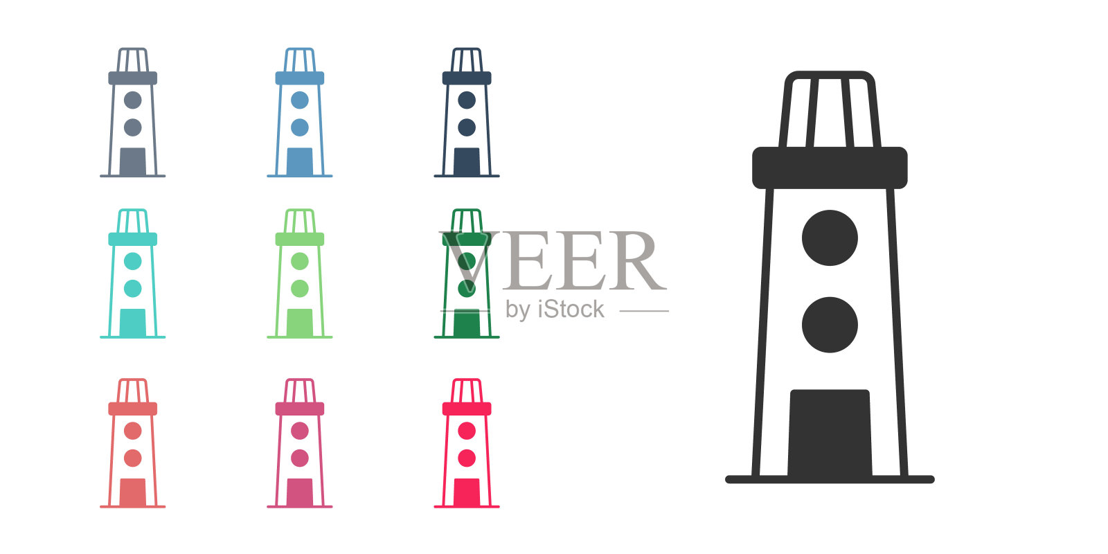 黑色灯塔图标孤立在白色背景。设置图标彩色。向量插画图片素材