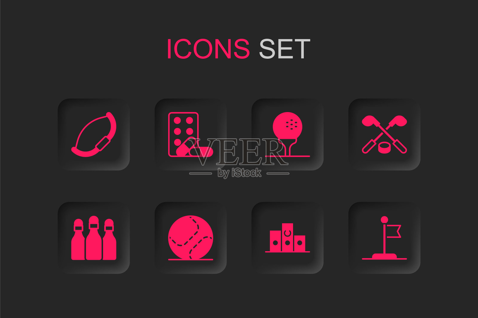 设置棒球，体育兴奋剂与哑铃，中世纪弓，奖项超过体育获奖者领奖台，冰球棍和冰球，国旗，高尔夫球上的tee和保龄球图标。向量插画图片素材