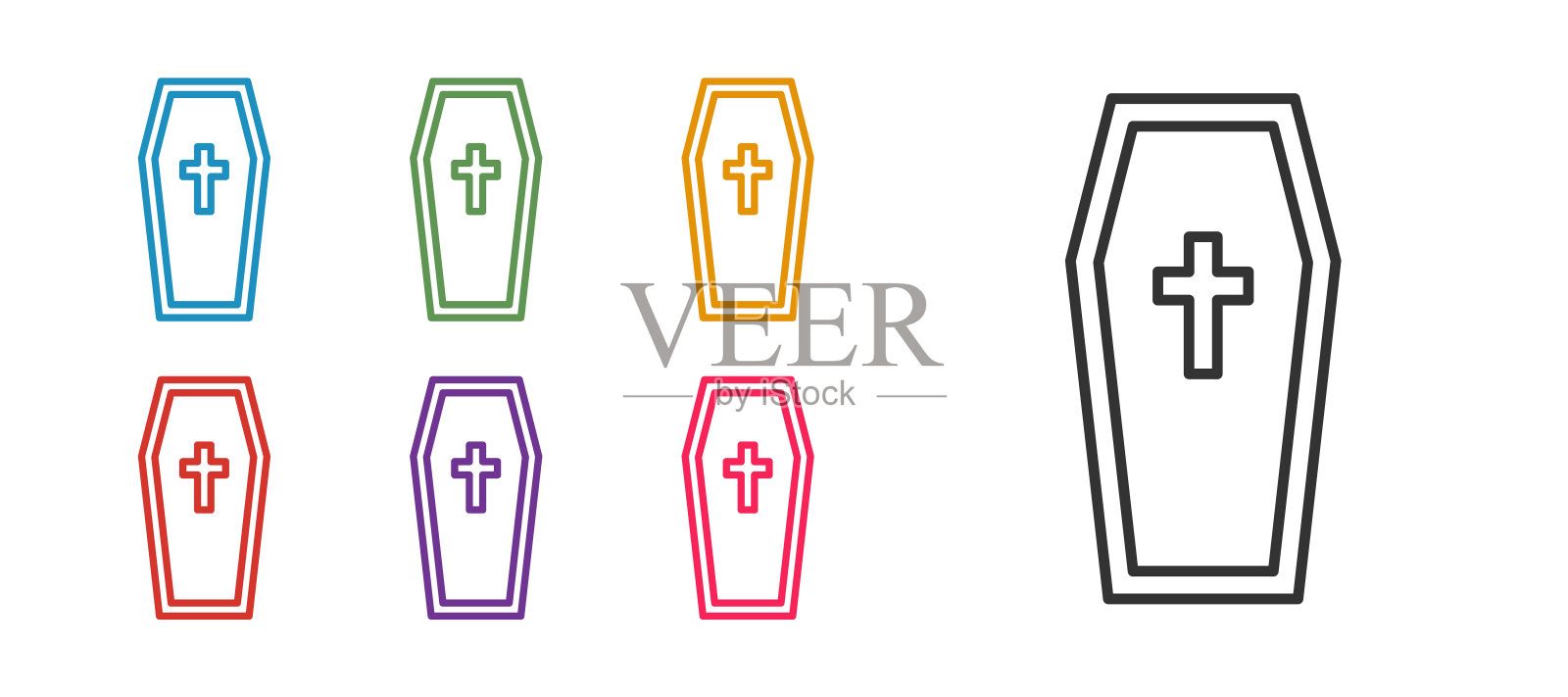 设置线棺材与基督教十字架图标孤立的白色背景。万圣节派对快乐。设置图标彩色。向量插画图片素材