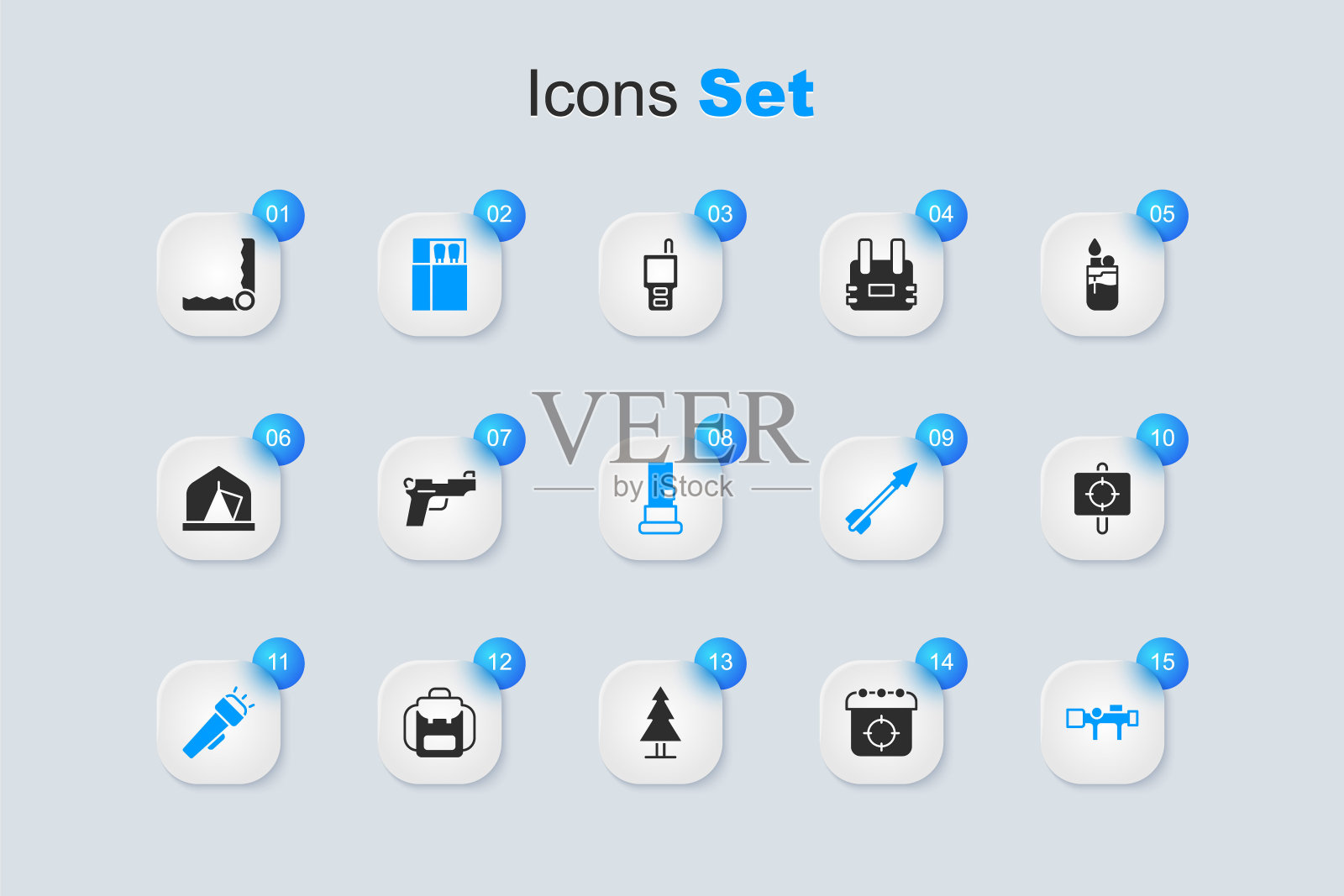 设置目标运动，手枪枪，打开火柴盒和火柴，手电筒，狙击光学瞄准具，陷阱狩猎和墨盒图标。向量插画图片素材
