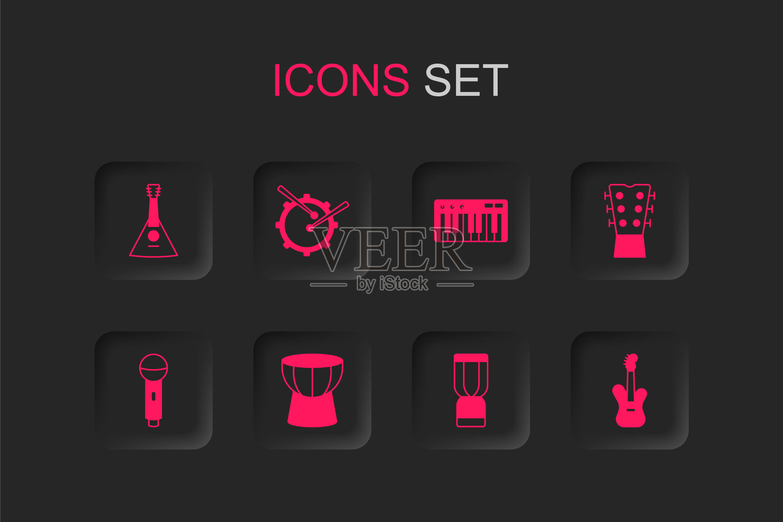 集非洲达布卡鼓，鼓与棍棒，巴拉莱卡，djembe，吉他脖子，电贝斯吉他，音乐合成器和麦克风图标。向量插画图片素材