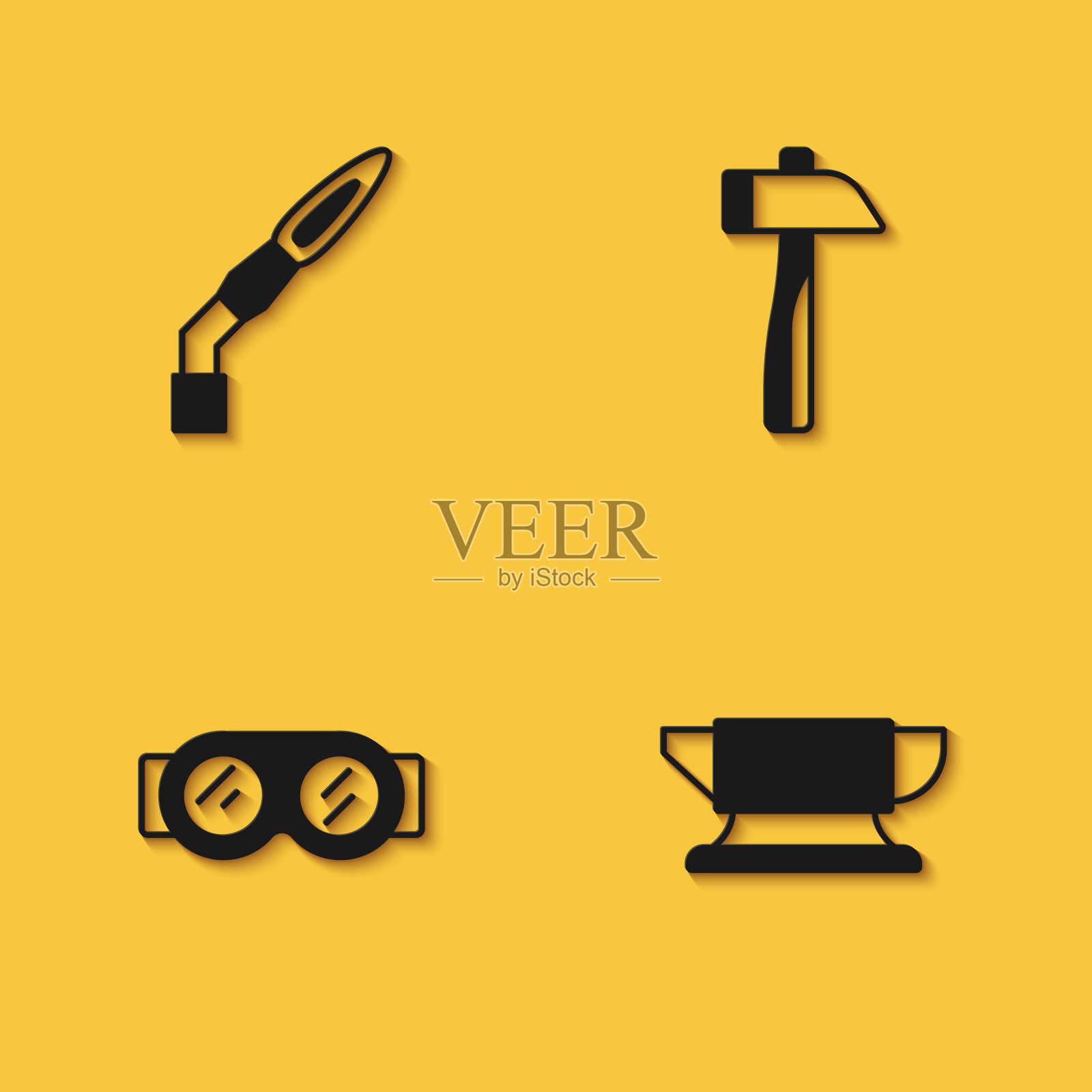 集焊枪，铁匠铁砧工具，眼镜和锤子图标长阴影。向量插画图片素材