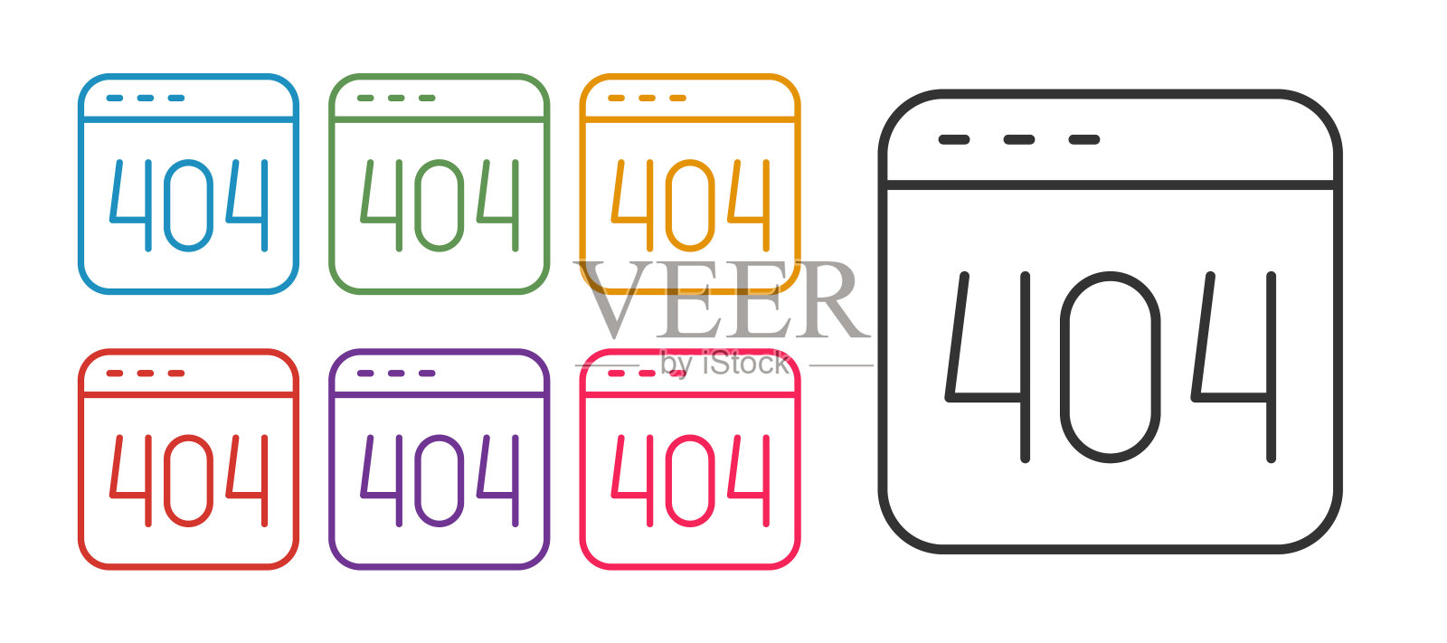 设置在白色背景上有404错误图标的页面。模板报告找不到该页。设置图标彩色。向量插画图片素材