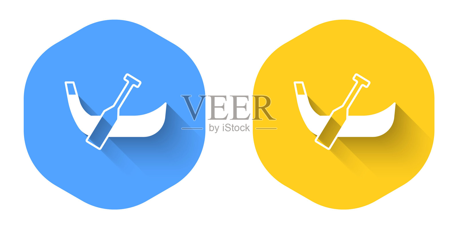 白色的贡多拉船意大利威尼斯图标孤立的长阴影背景。旅游划船交通浪漫。圆按钮。向量插画图片素材