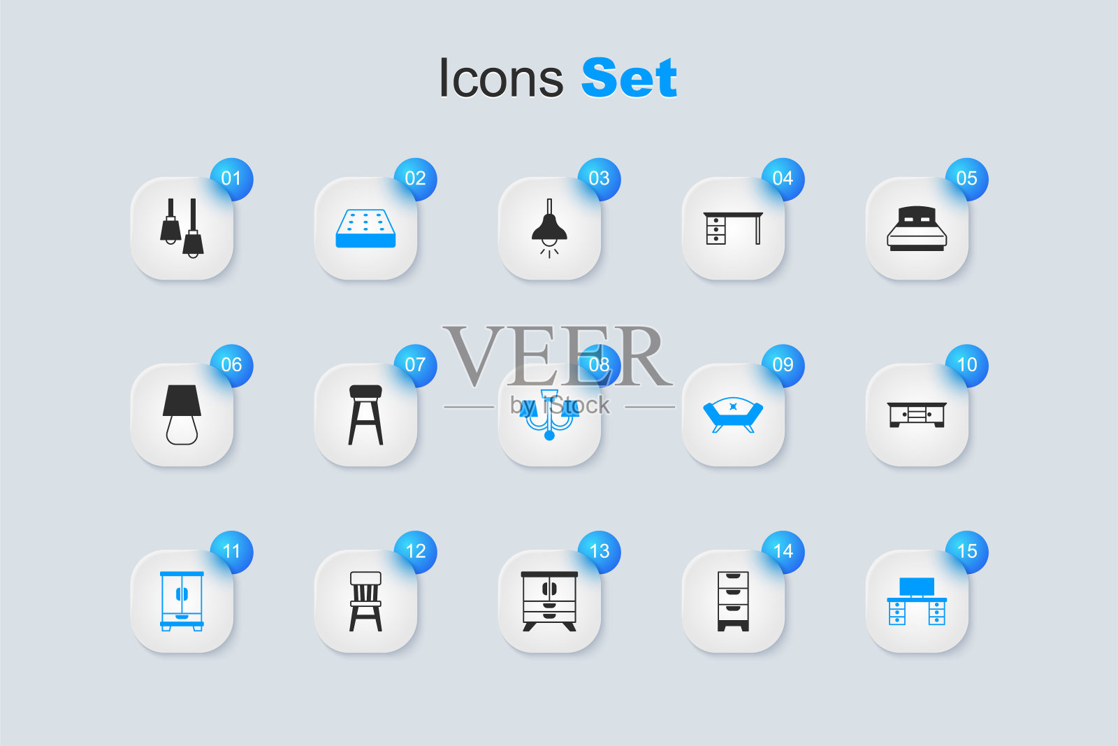 集抽屉柜，椅子，床垫，衣柜，办公桌，电视桌架，挂灯和吊灯图标。向量插画图片素材