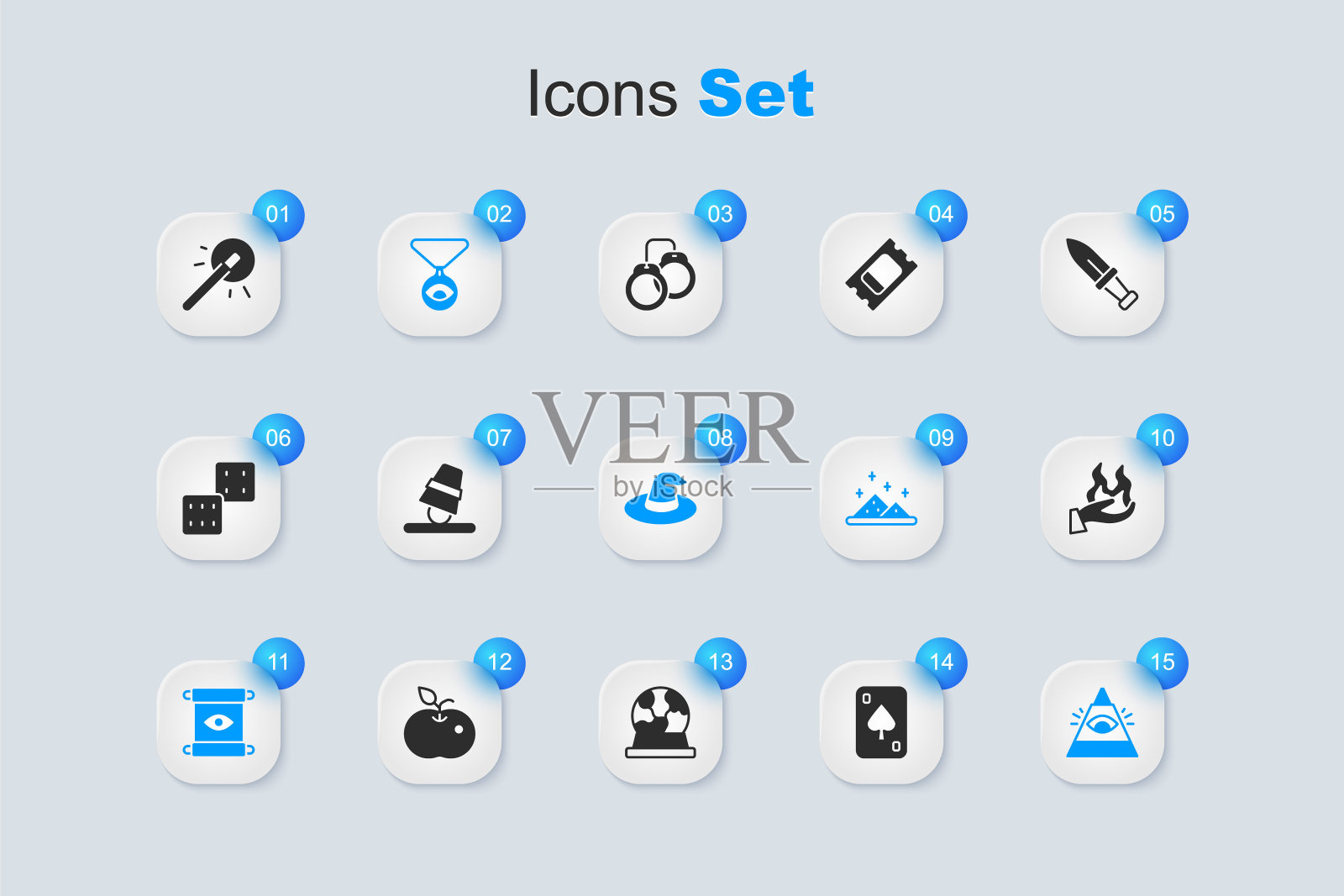 集扑克牌，游戏顶针，大奖章链上的眼睛，魔术卷轴，全能的上帝，手持火，魔杖和女巫帽图标。向量插画图片素材