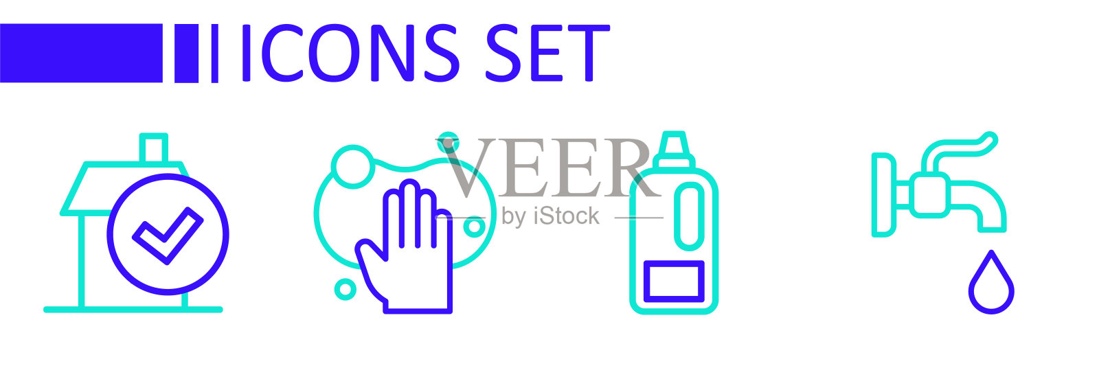 设置自来水龙头，洗涤剂瓶，海绵和家庭清洁服务图标。向量插画图片素材