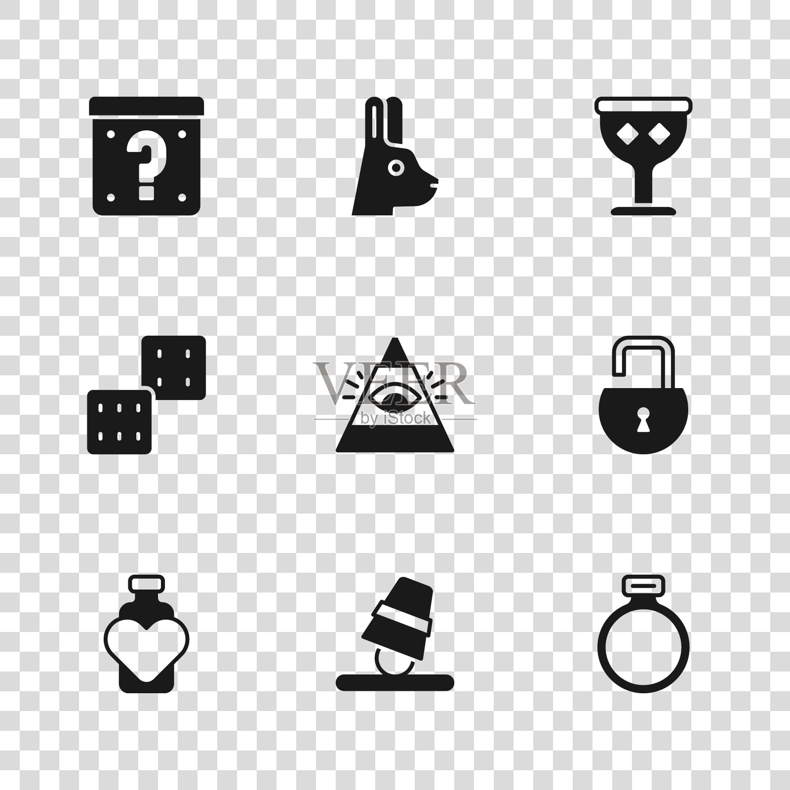 设置游戏顶针，打开挂锁，魔法石戒指，全视之眼的上帝，中世纪高脚杯，神秘盒子，兔子耳朵和骰子图标。向量插画图片素材