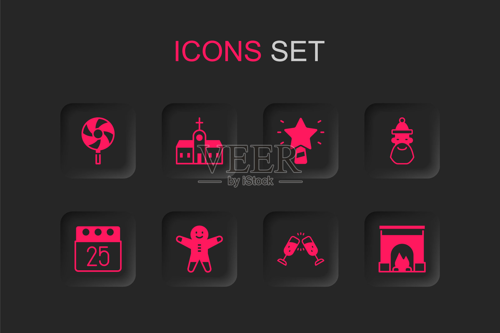 集节日姜饼人饼干，教堂建筑，棒棒糖，香槟杯，圣诞老人的帽子和胡子，室内壁炉，圣诞明星和日历图标。向量插画图片素材