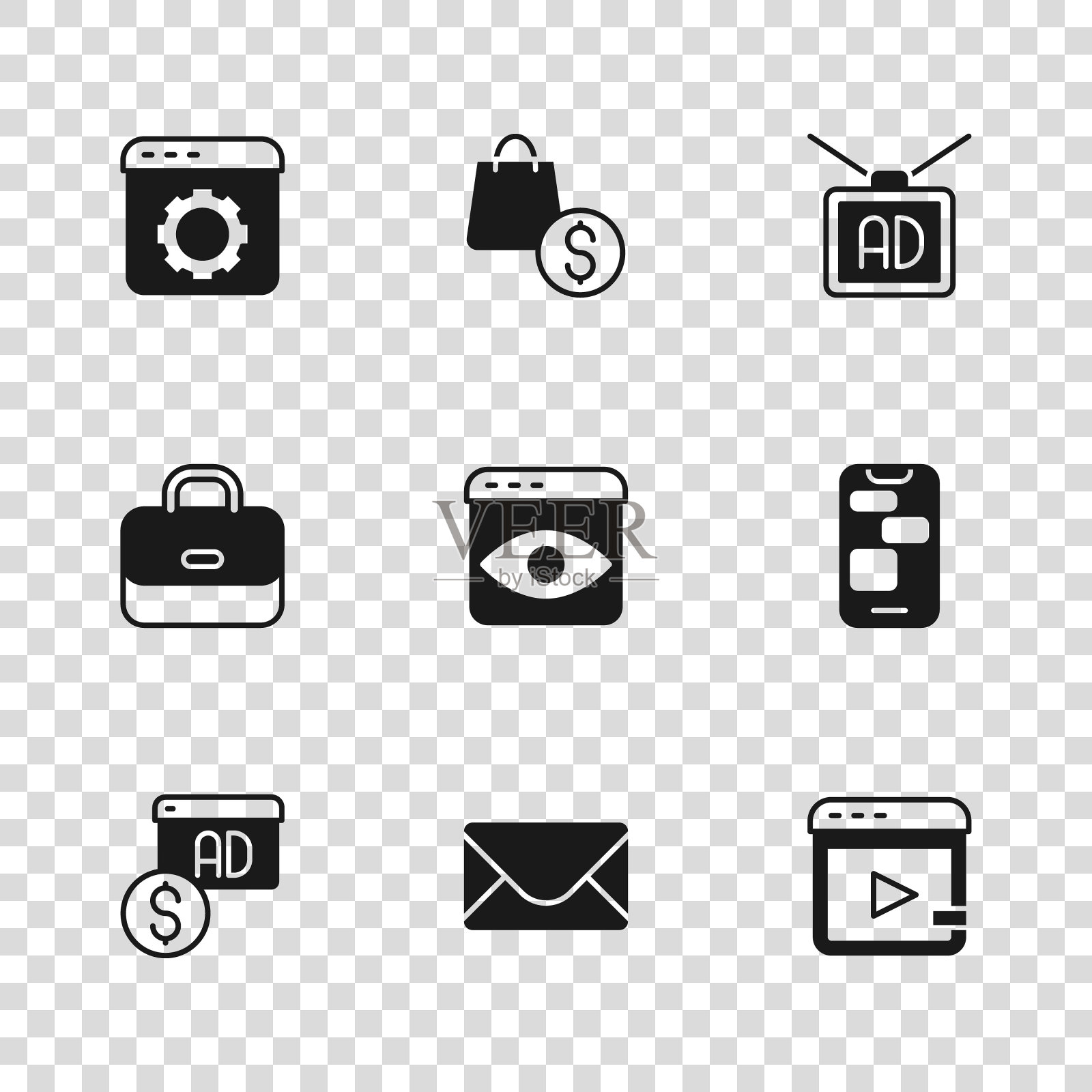 集邮件和电子邮件，手机24小时支持，视频广告，个人信息收集，广告，浏览器设置，购物袋美元和公文包图标。向量插画图片素材