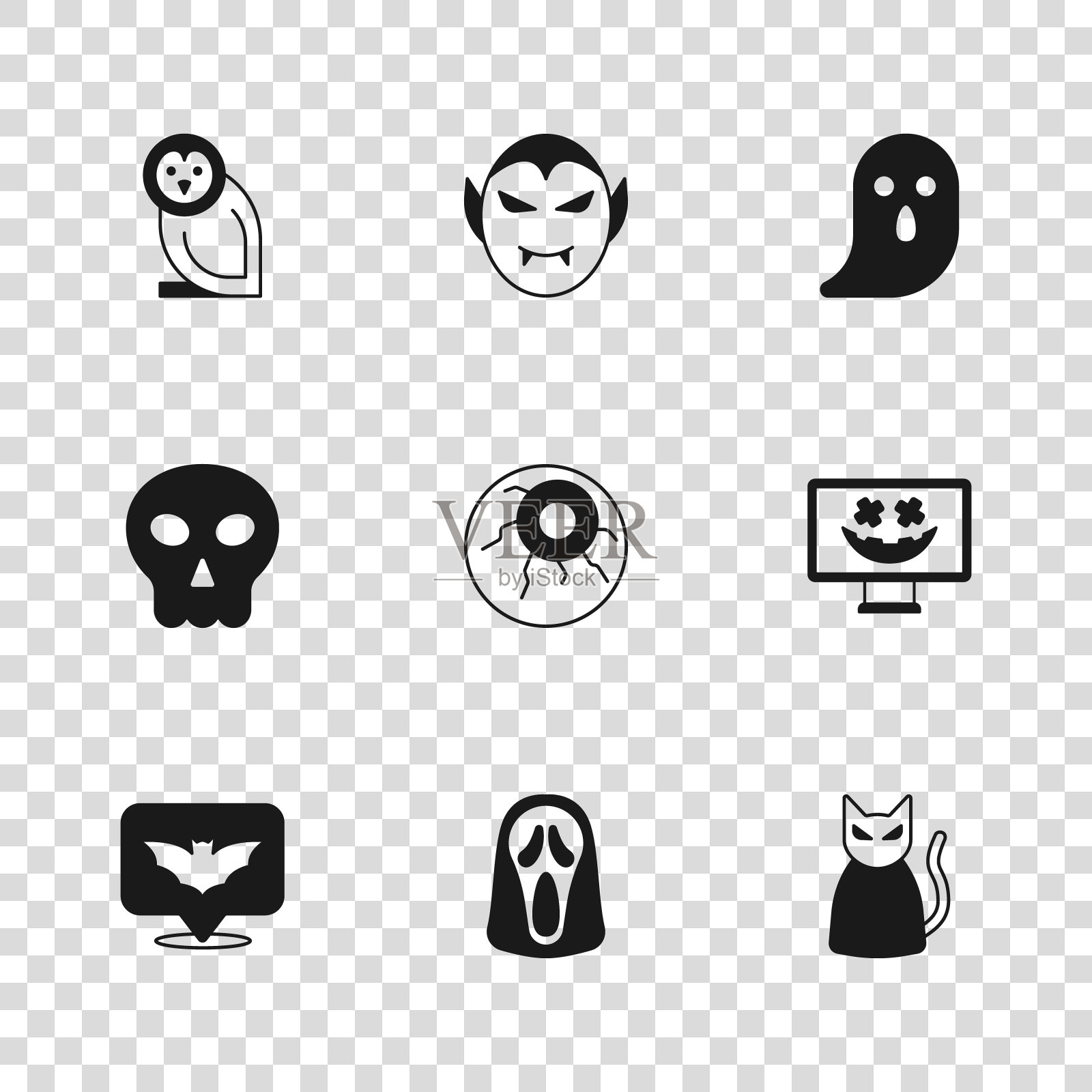 设置有趣和可怕的鬼面具，快乐的万圣节假期，黑猫，眼睛，鬼，猫头鹰鸟，吸血鬼和骷髅图标。向量插画图片素材