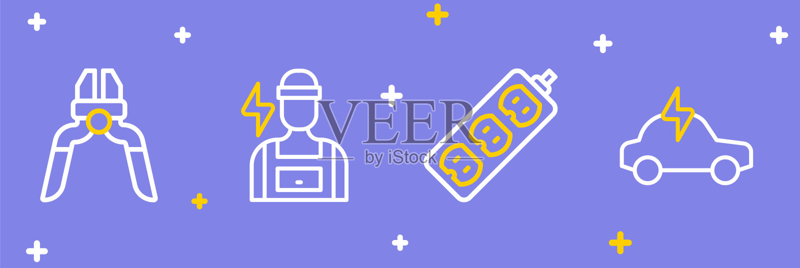 集电动汽车，延长，电工和钳子工具图标。向量插画图片素材