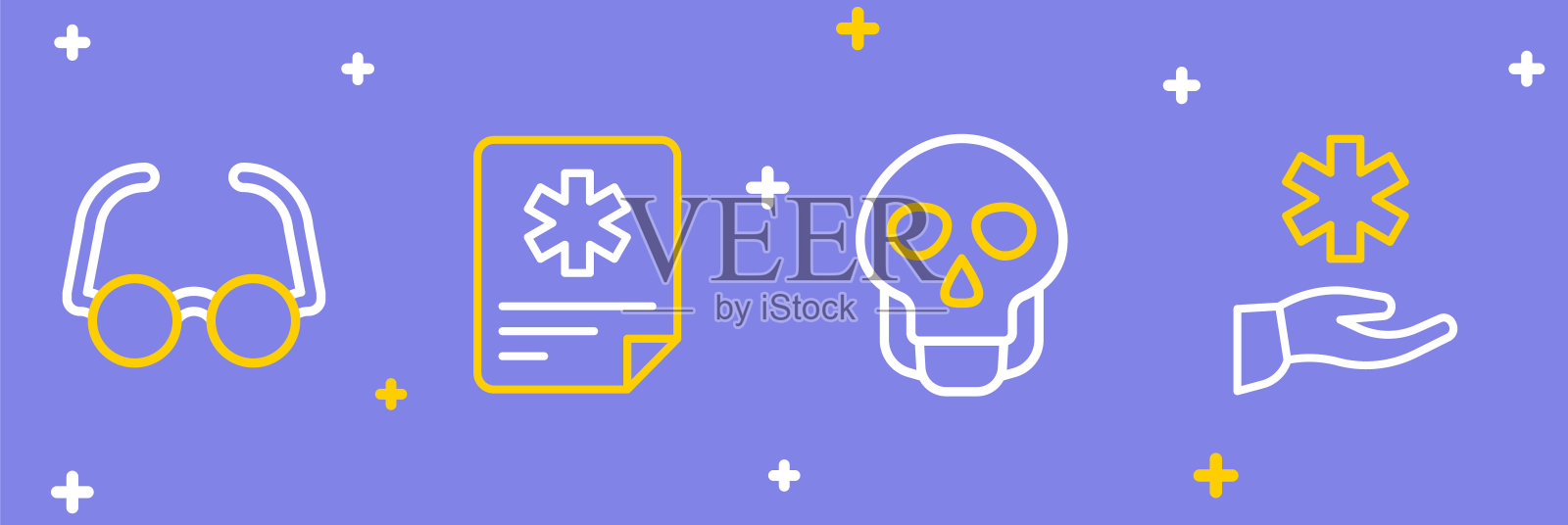 设置线交叉医院医疗，头骨，病人记录和眼镜图标。向量插画图片素材