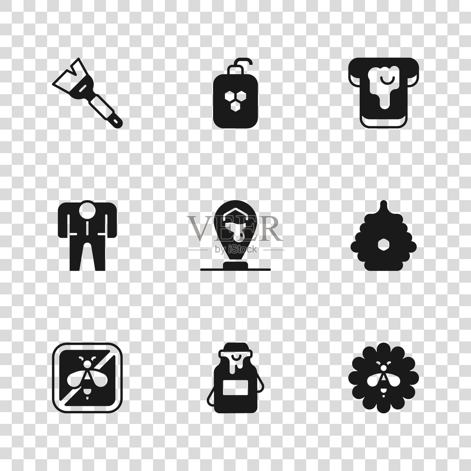 集罐蜂蜜，蜂箱蜜蜂，蜂花，蜂巢的位置，面包，养蜂刷，化妆品管和养蜂人服装图标。向量插画图片素材