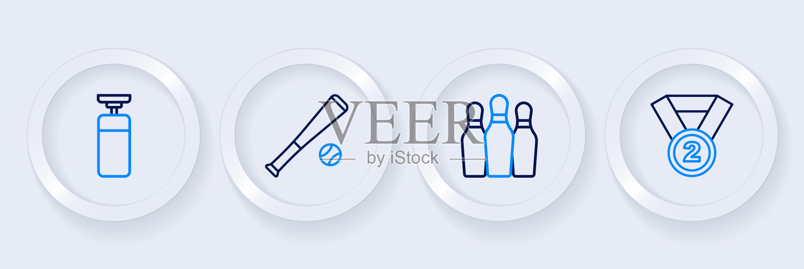 设置线奖章，保龄球瓶，棒球棒与球和沙袋图标。向量插画图片素材