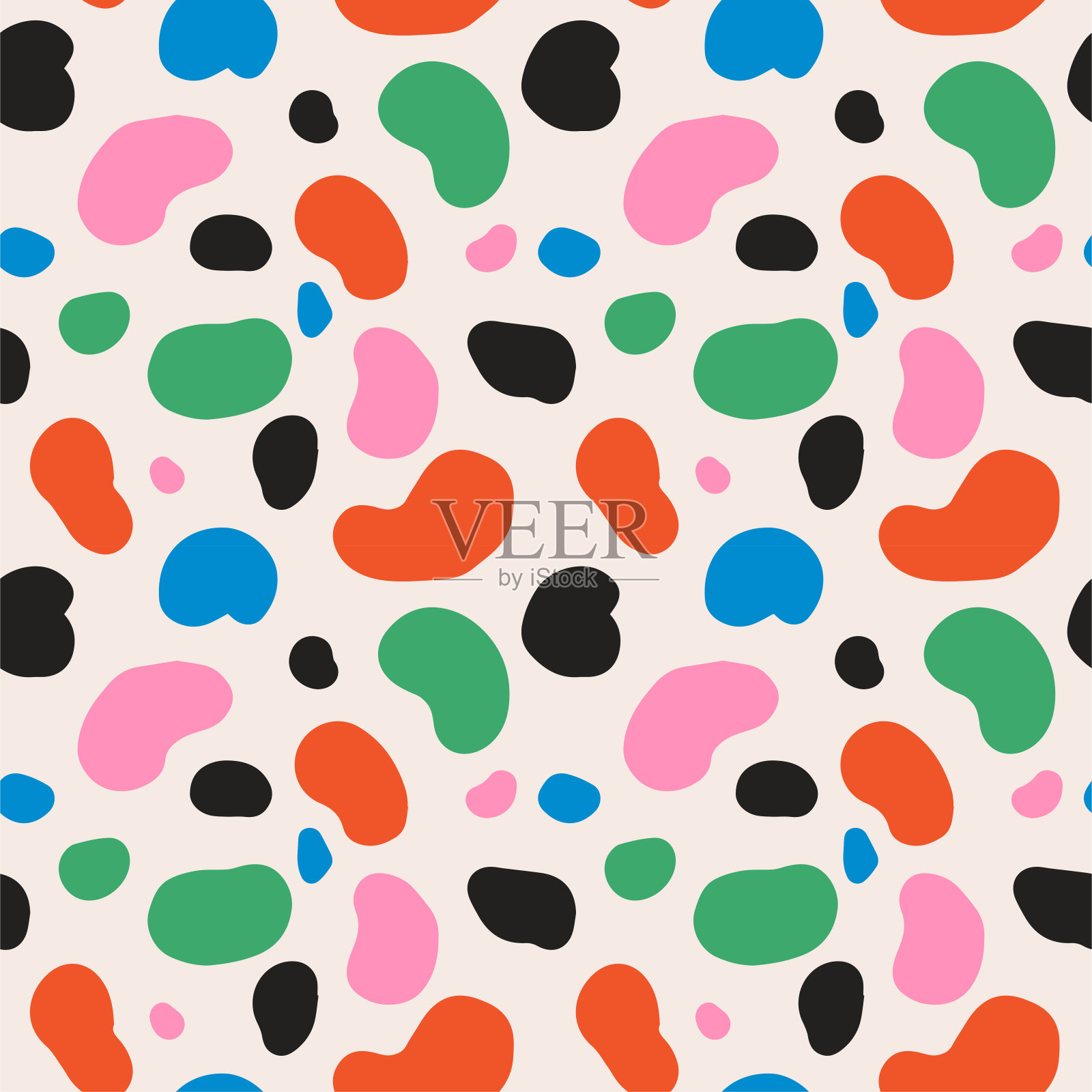 无缝图案涂鸦彩色滴。简单抽象的复古背景。蓝色，粉色，橙色，绿色，黑色几何形状。矢量文件插画图片素材