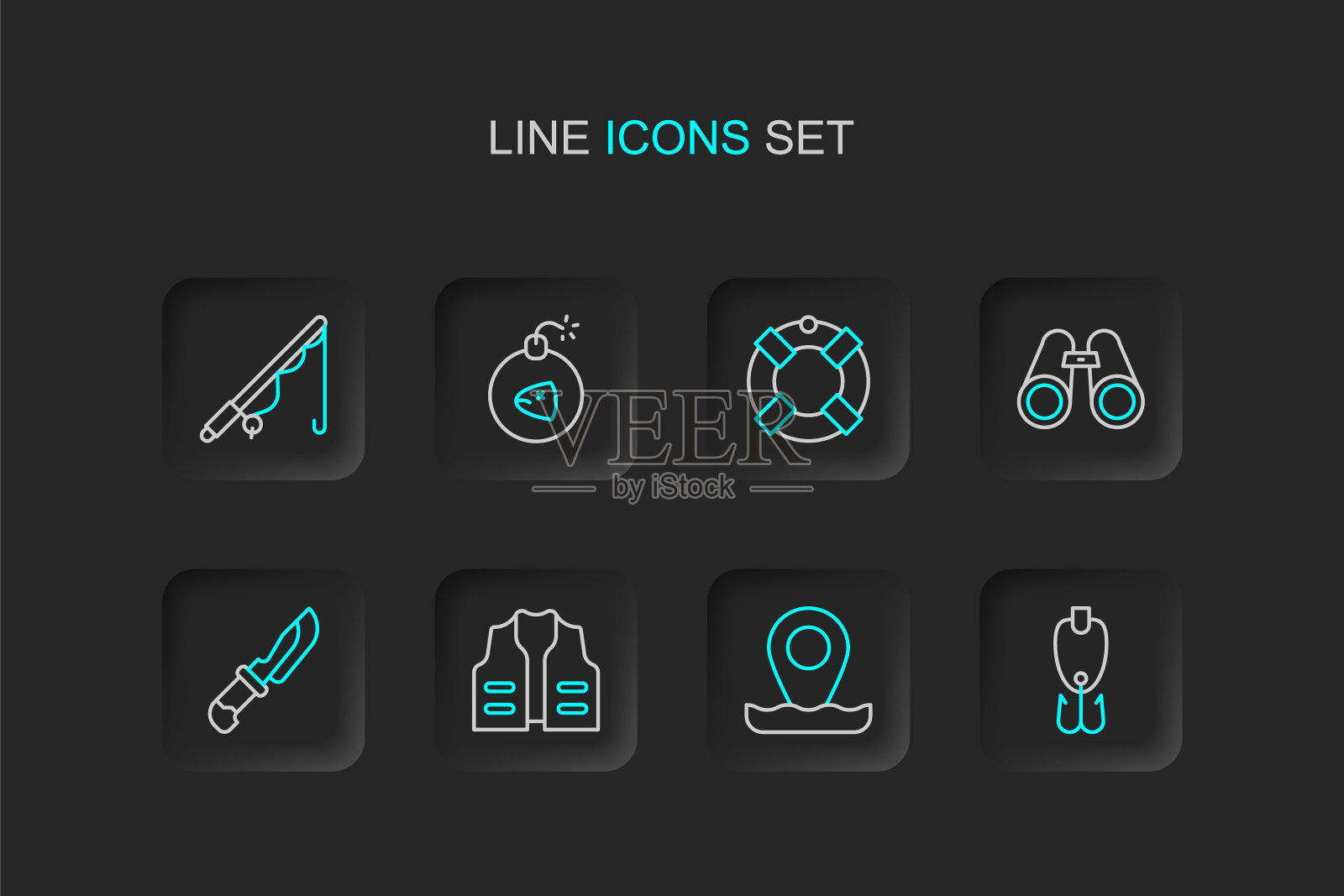 设置线钓鱼诱饵，位置钓鱼，夹克，刀，双筒望远镜，救生圈，炸弹和杆图标。向量插画图片素材