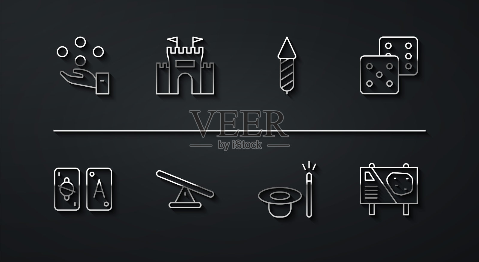 集线杂耍球，塔罗牌，游戏骰子，魔术帽和魔杖，跷跷板，城堡，游乐园广告牌和烟花火箭图标。向量插画图片素材