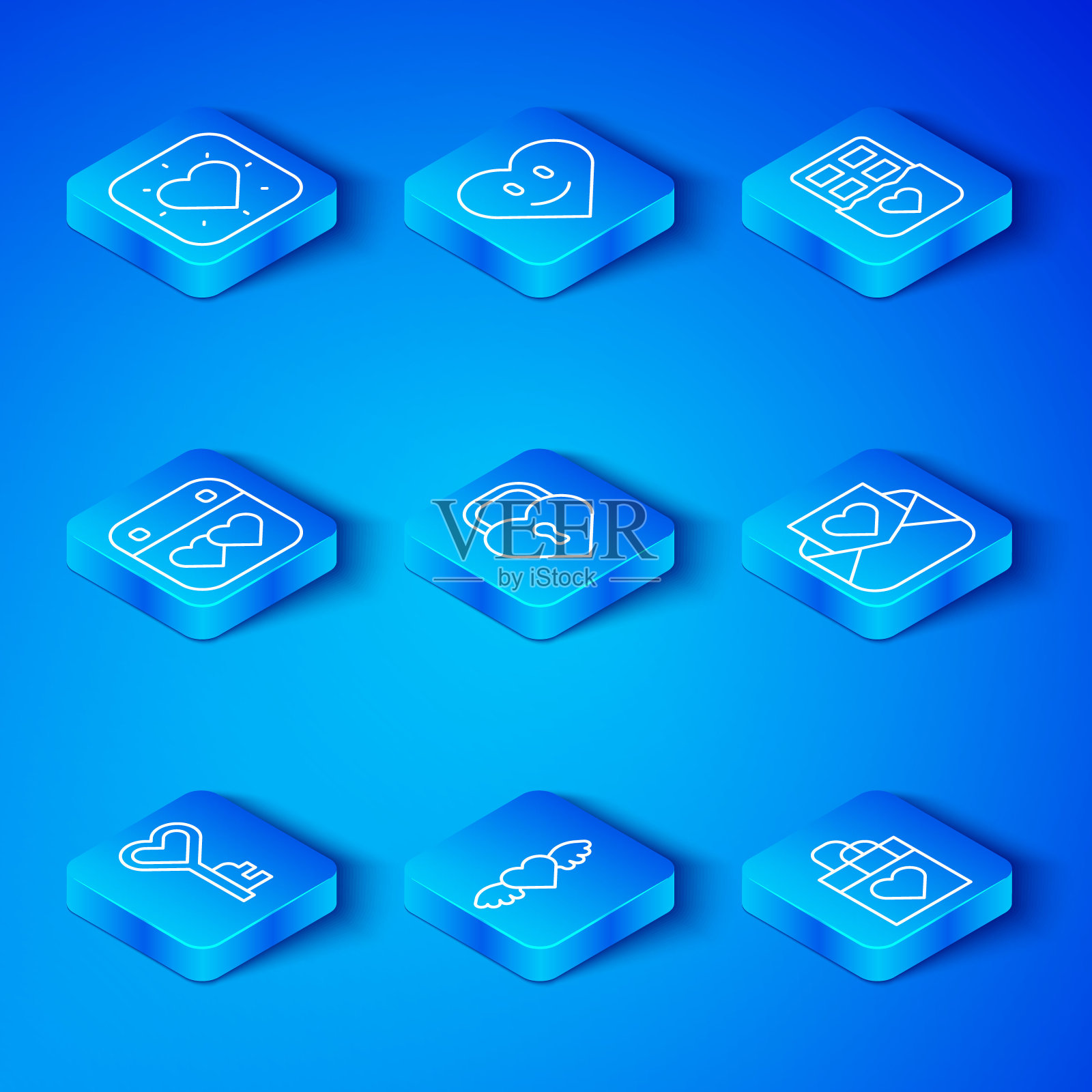 设置线关键在心形，城堡，心与翅膀，信封情人节，巧克力棒，日历，和购物袋图标。向量插画图片素材