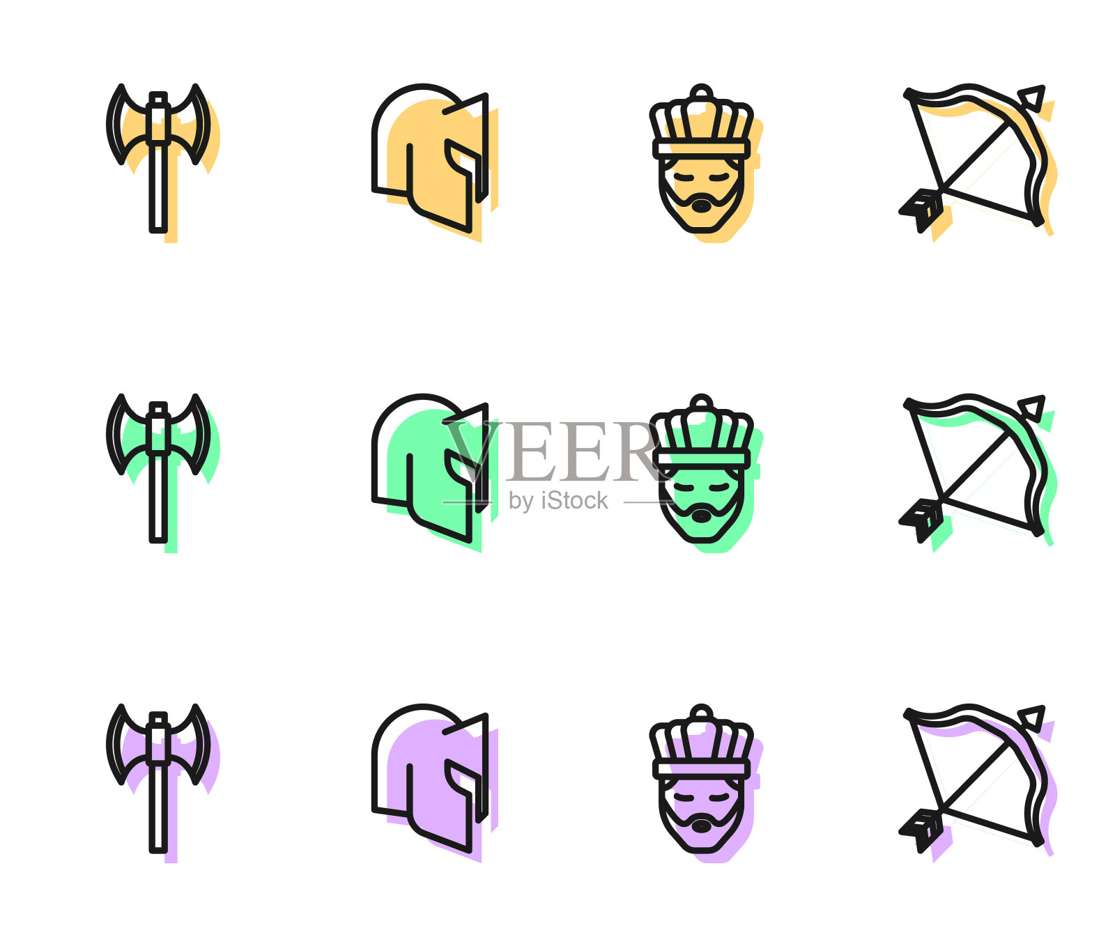 设定线国王与皇冠，中世纪的长柄斧，头盔和弓箭图标。向量插画图片素材