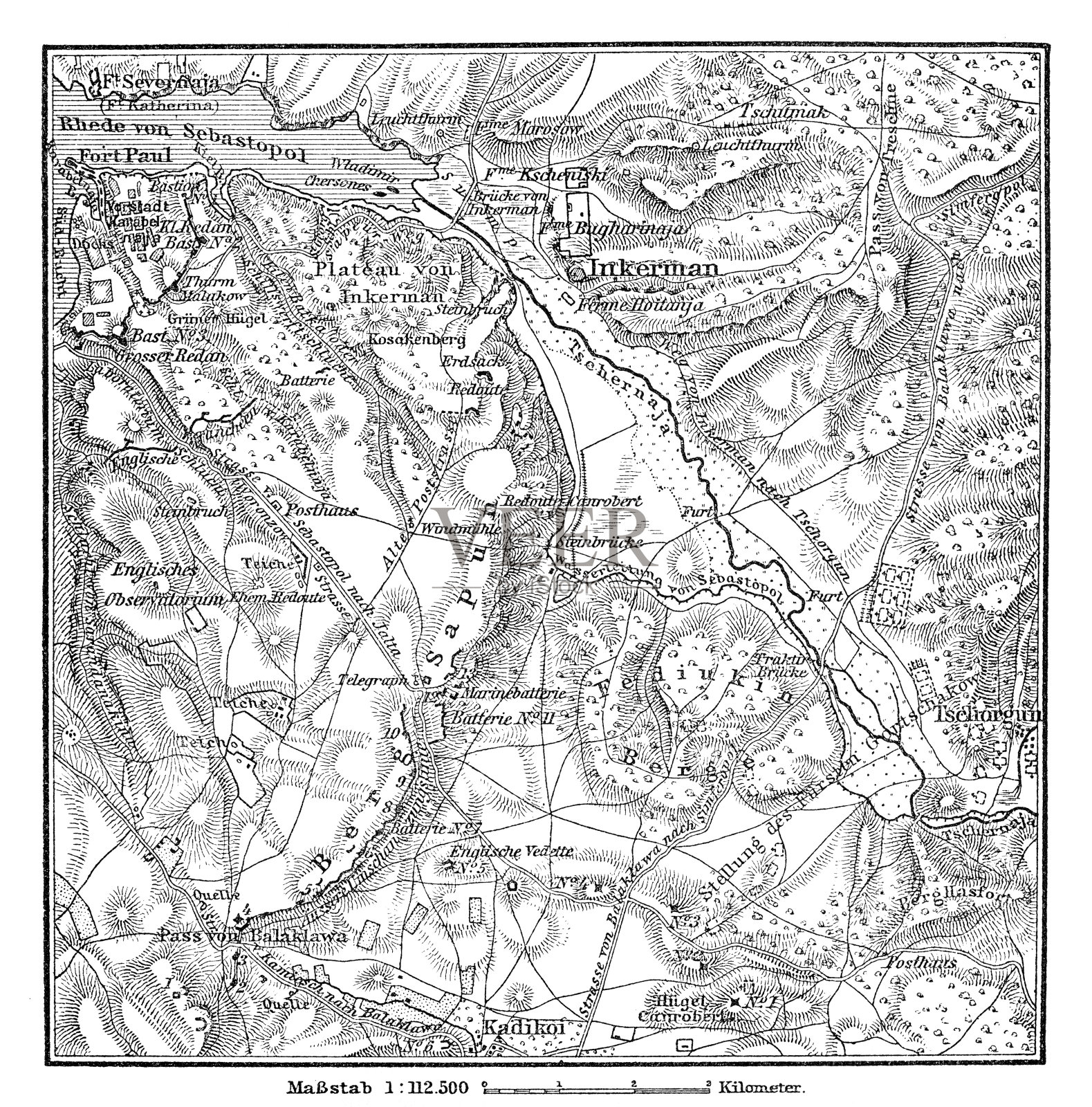 克里米亚战争-因克曼战役，战场地图插画图片素材