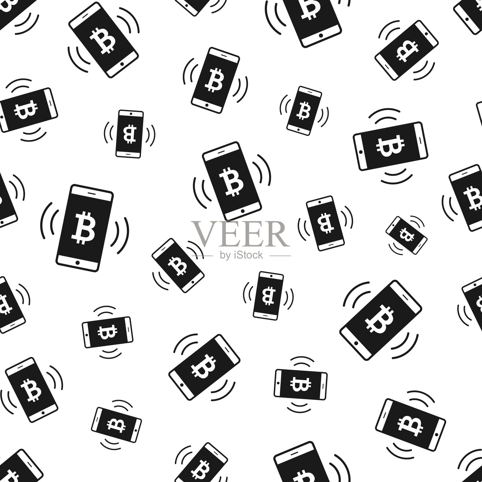 智能手机上有比特币的标志。无缝模式。白色背景的图标插画图片素材