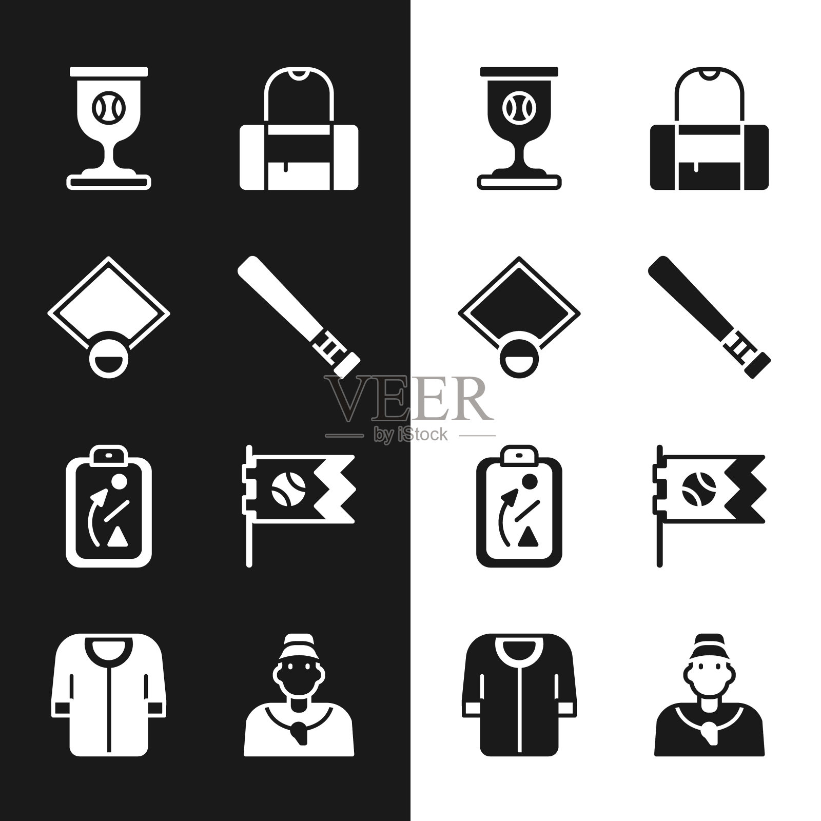 集棒球棒，场，奖杯与棒球，运动包，规划策略，旗帜，教练和t恤图标。向量插画图片素材