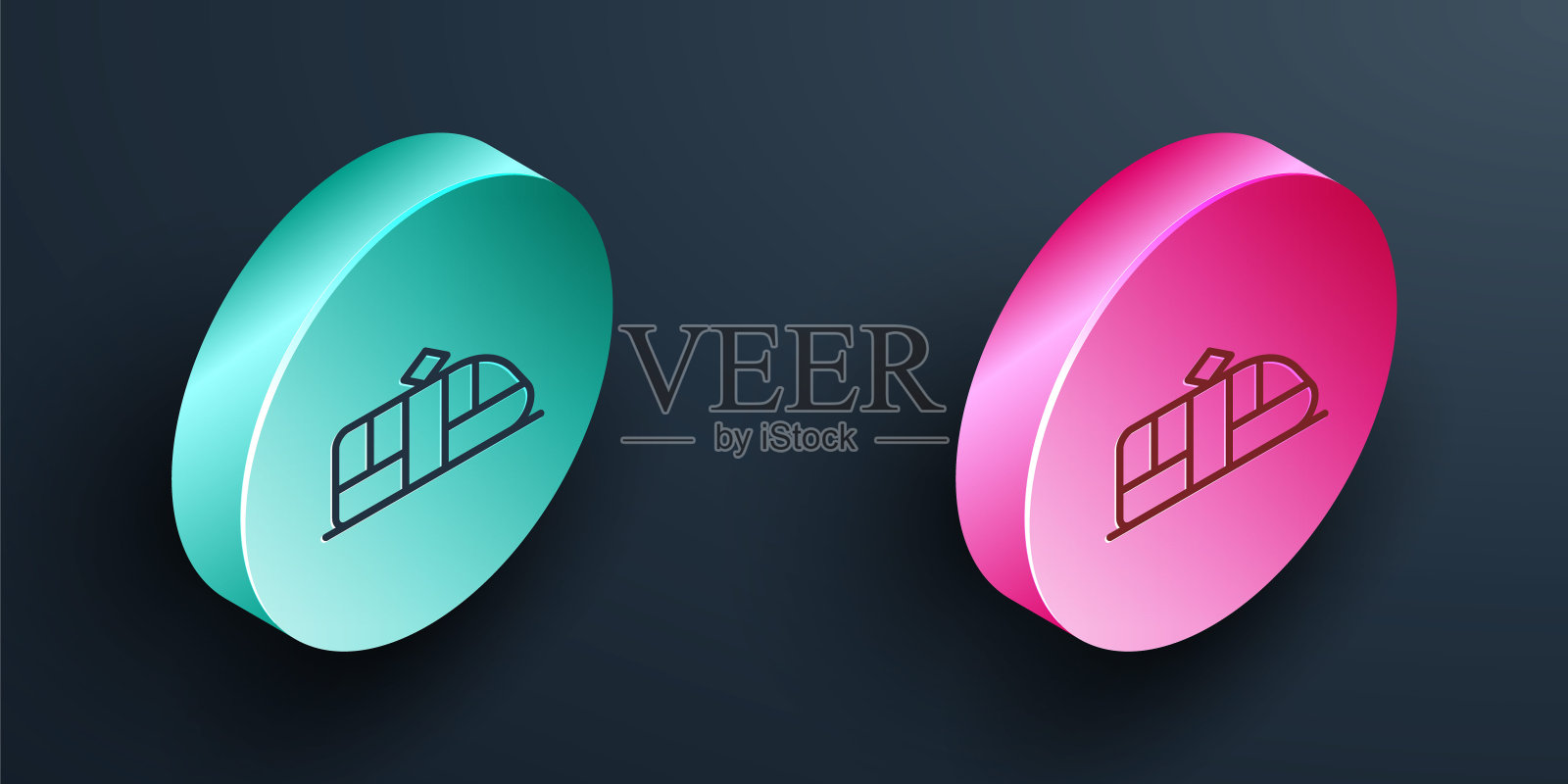 电车和铁路图标隔离在黑色背景。公共交通标志。绿松石和粉色圆形按钮。向量插画图片素材