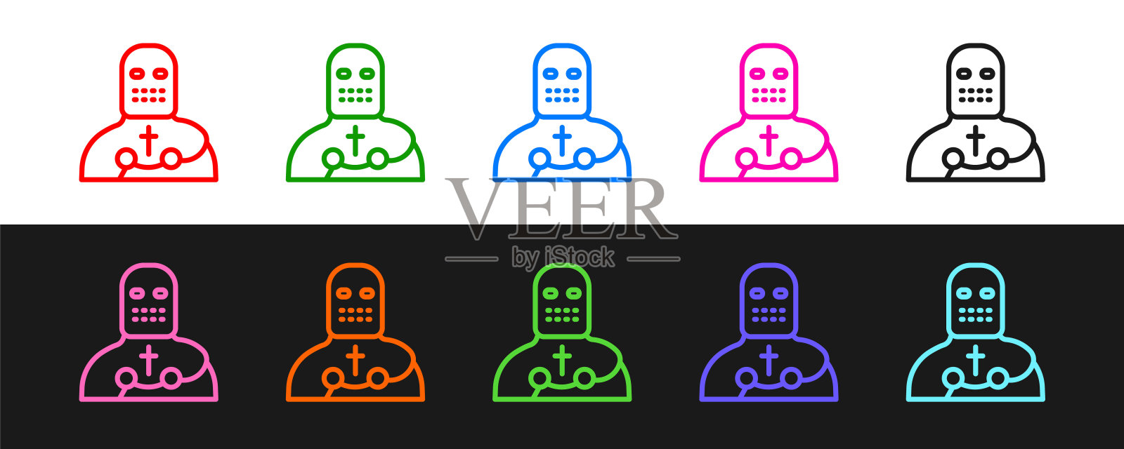 设置线骑士十字军图标孤立的黑色和白色背景。向量插画图片素材
