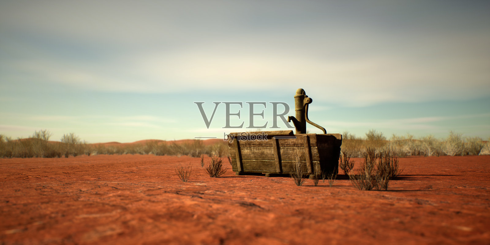 水槽在阳光明媚荒凉的沙漠。照片摄影图片