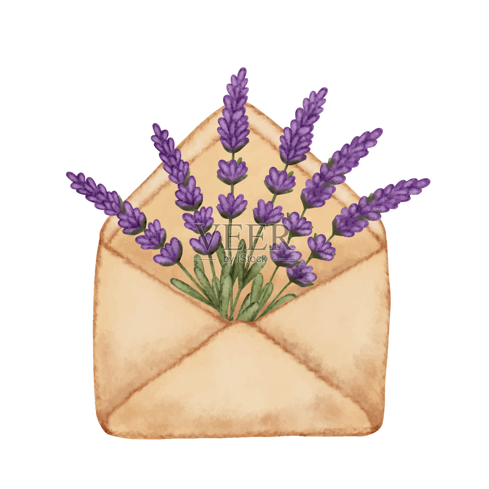 水彩信封与紫色薰衣草花，复古矢量插图插画图片素材