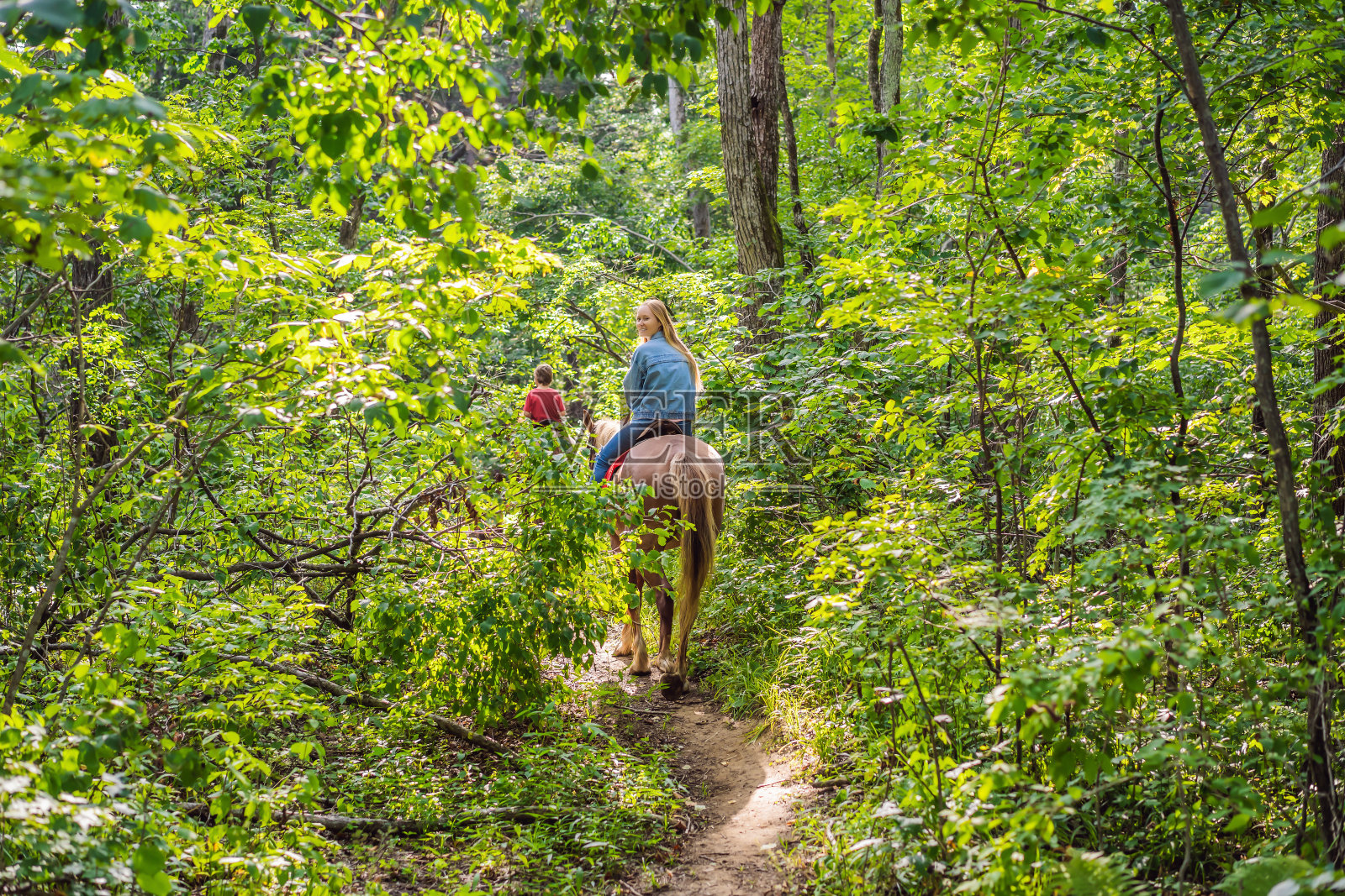 美丽的女人在乡村骑马照片摄影图片