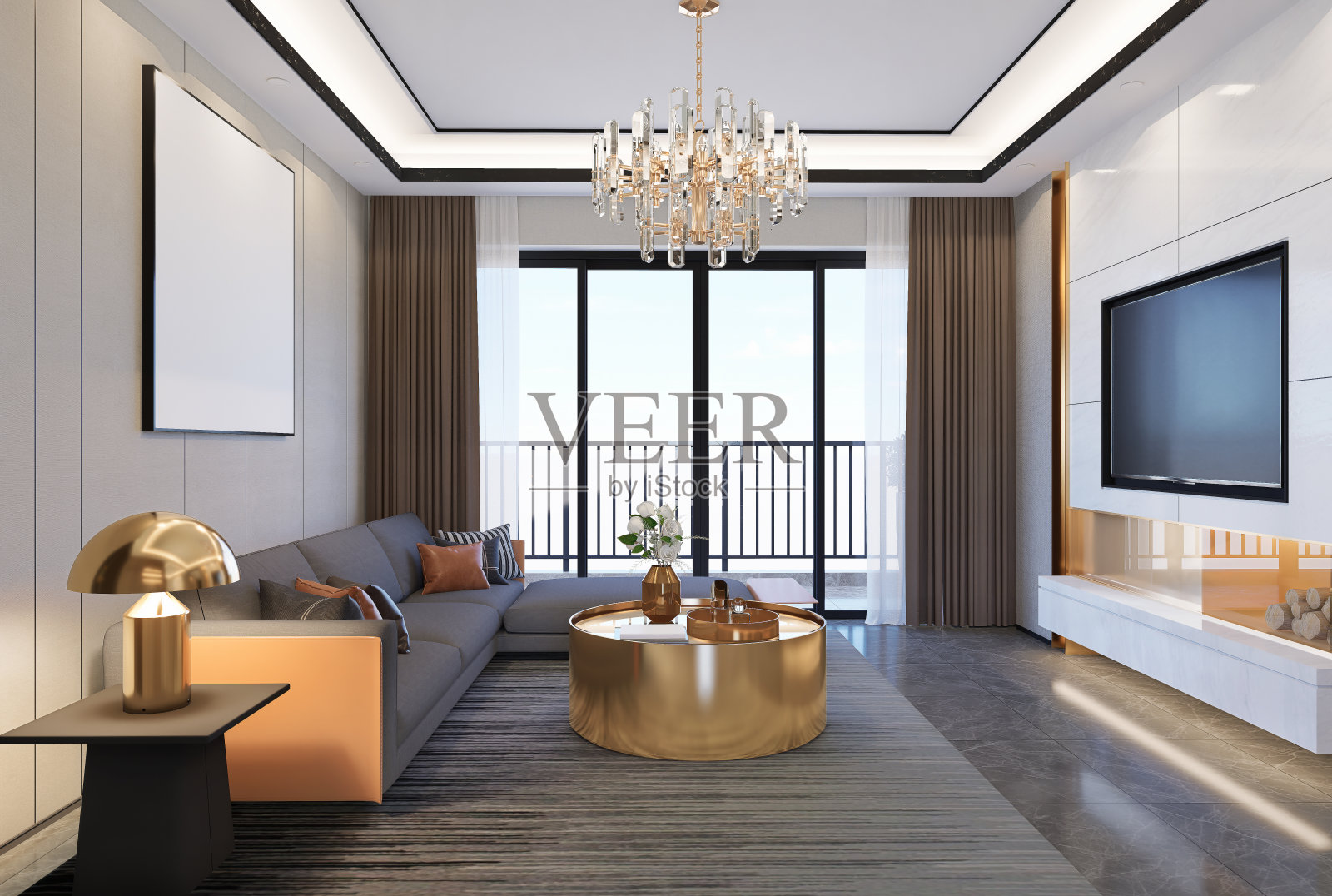 客厅的现代豪华内饰明亮干净。三维演示照片摄影图片