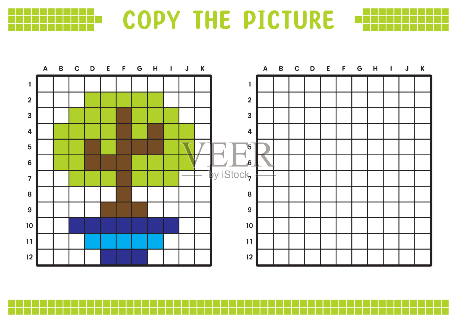 复制图片，完成网格图像。用正方形绘制的教育工作表，着色单元格区域。幼儿学前活动。卡通矢量，像素艺术。植物和花盆插图。插画图片素材