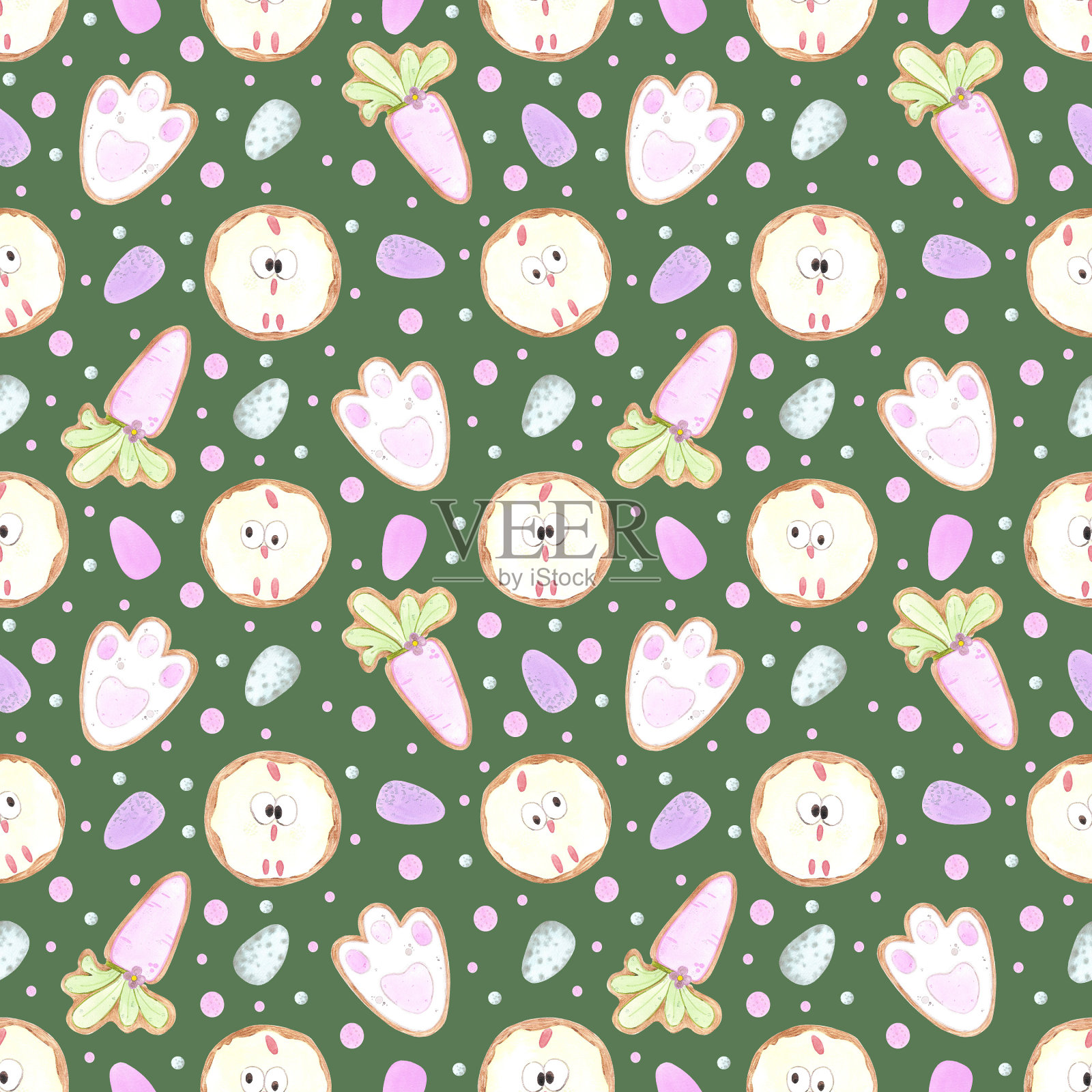 手绘水彩复活节彩蛋饼干无缝图案隔离在绿色背景。可用于纺织、织物等印花产品。插画图片素材