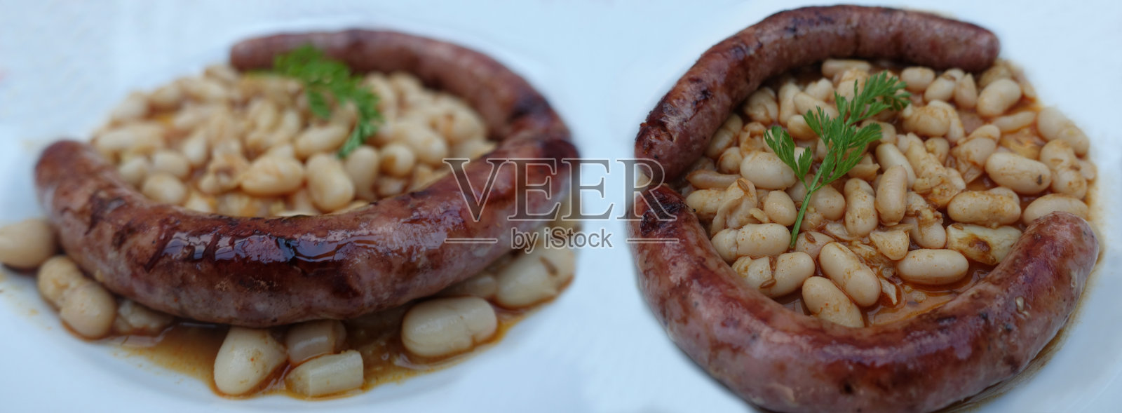 煮熟的大猪肉香肠配炖豆照片摄影图片