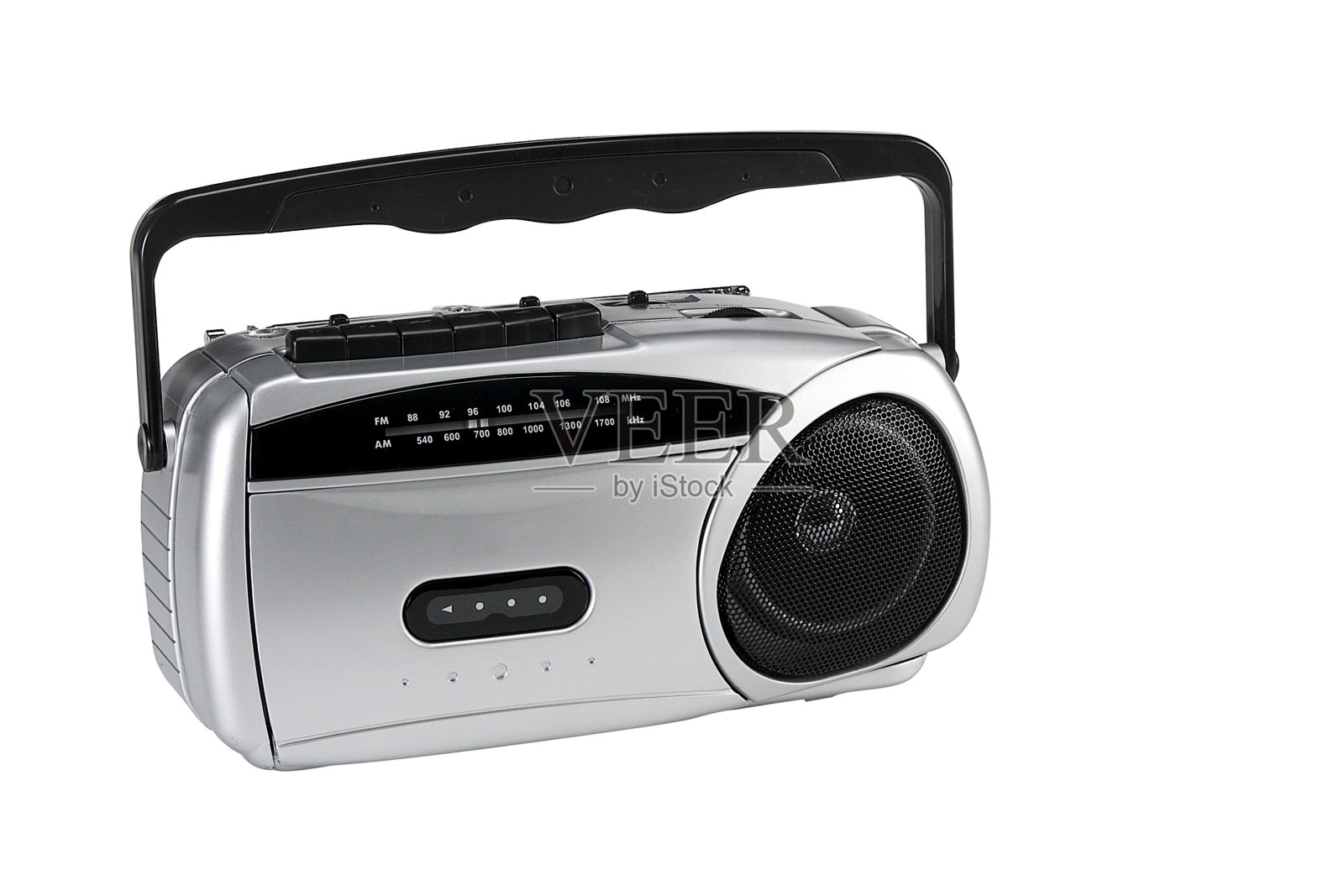 银色录音机收音机孤立在白色背景，老式收音机卡带播放器照片摄影图片
