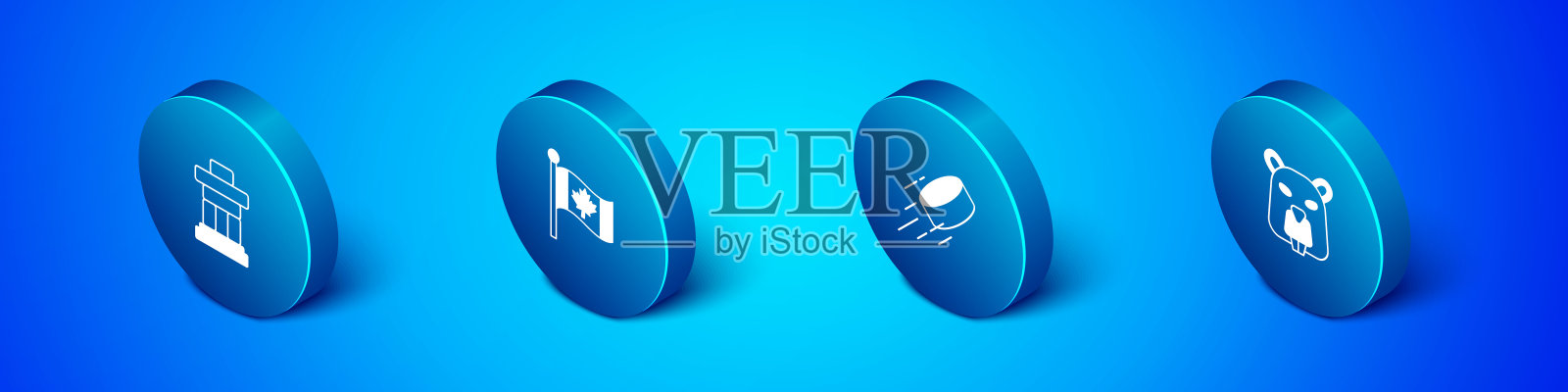 集等距Inukshuk，冰球，海狸动物和加拿大图标的旗帜。向量插画图片素材