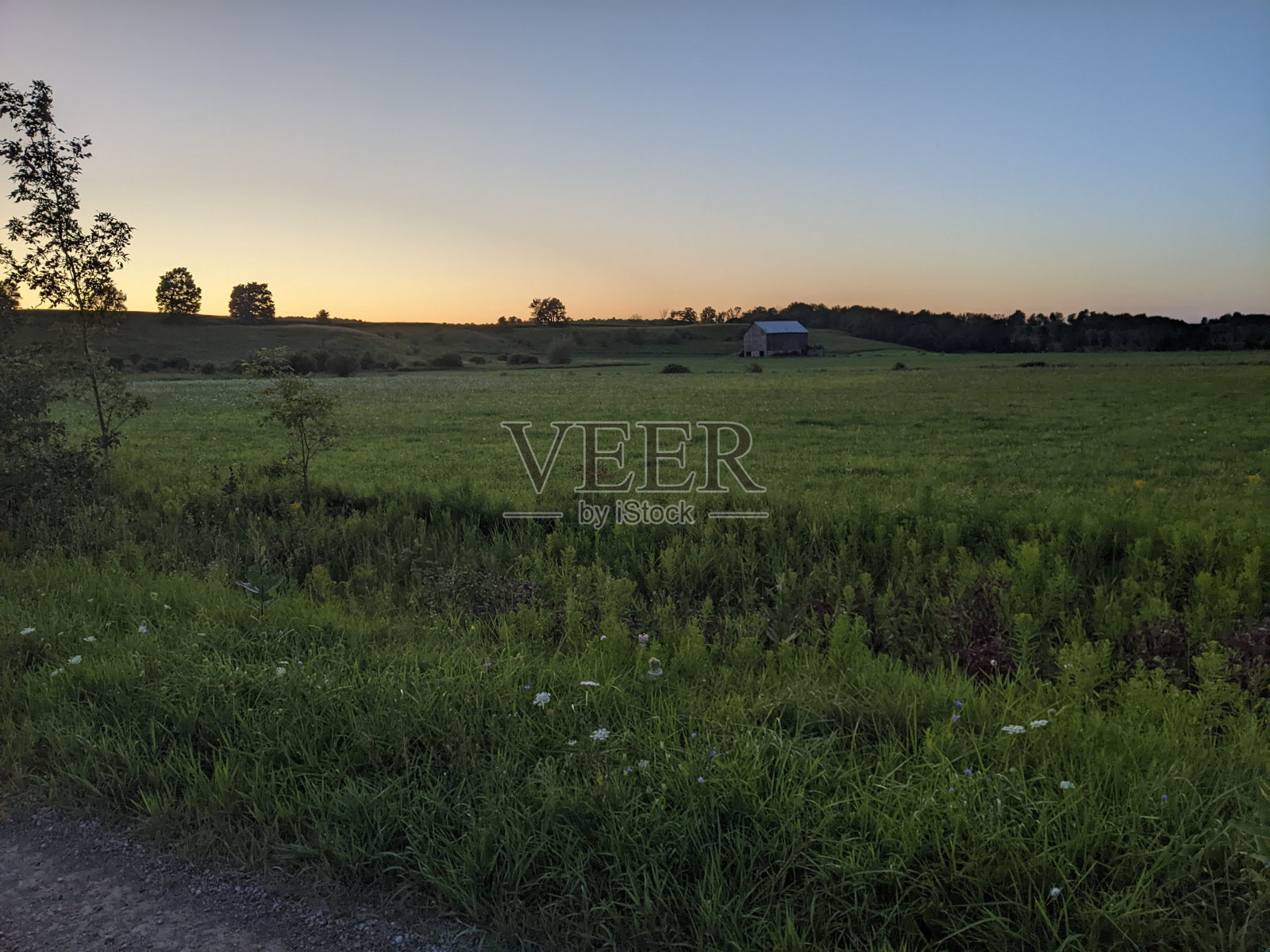 夕阳下的田野和木制谷仓的广角镜头照片摄影图片